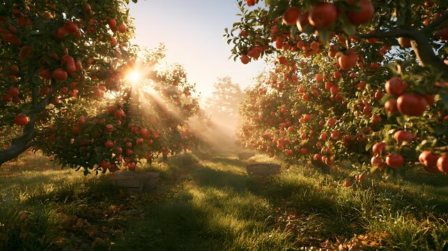 Beautiful apple orchard at sunrise with wooden harvest crates in misty rows