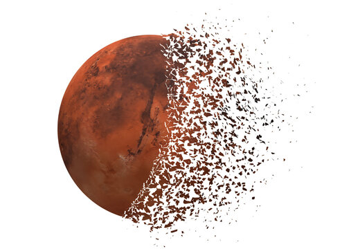 Mars with its surface beginning to shatter into numerous fragments against a transparent background	