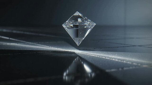 Pulsing cross beams nudging faceted gem rising and rotating above glossy tile altering reflection