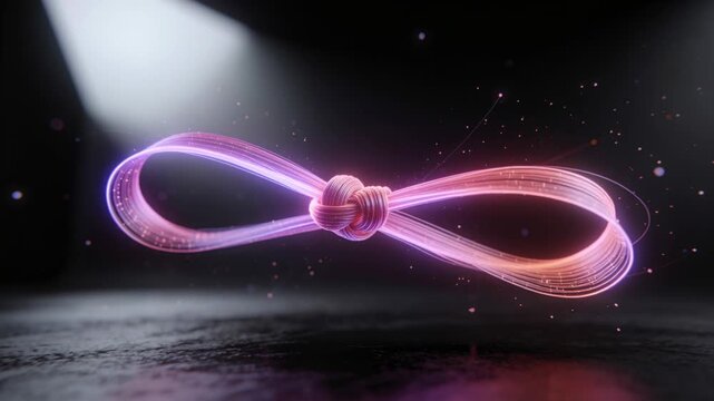 Pulsing glowing infinity ribbon emitting particles over dark stage, producing vivid reflections