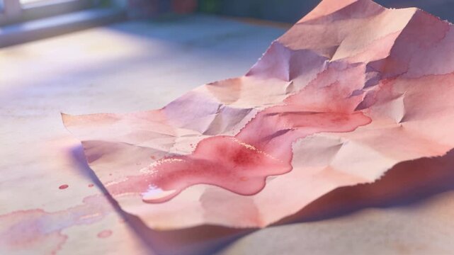 Dropping pink-red pigment, crumpled perforated paper soaking on tabletop near window, sunlight