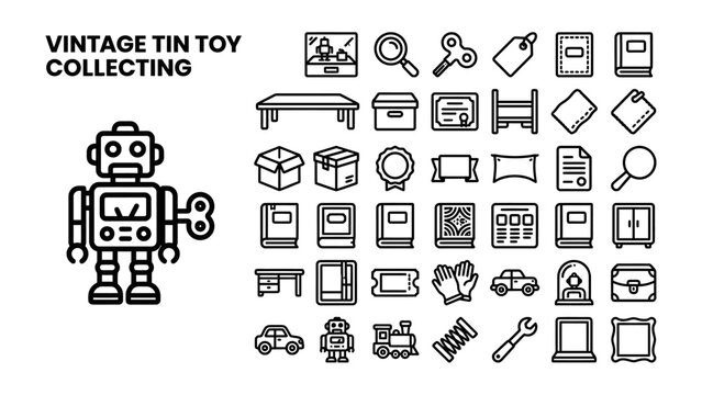 VINTAGE TIN TOY COLLECTION ICONOGRAPHY: A detailed illustration showcasing a classic tin robot alongside a collection of diverse icons representing vintage toy collecting.