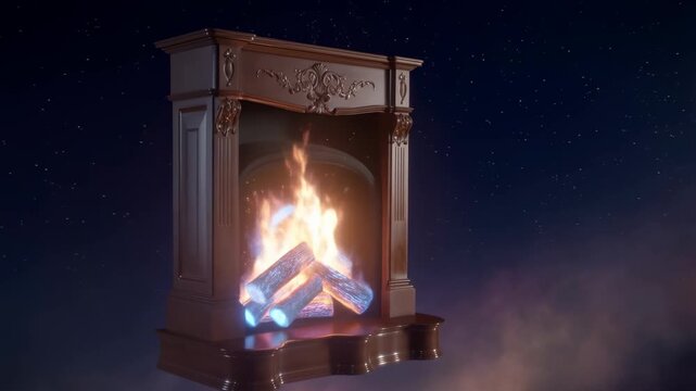 Animated fireplace with burning logs in nighttime setting