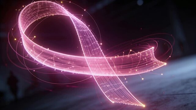 Rotating pink ribbon pulsing gold nodes urging tilting above concrete in hangar, left duo white ray