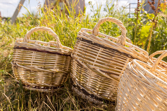 Woven baskets rest in sunlit grass