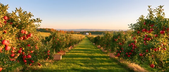 Fototapeta premium Rows of apple trees in a lush orchard during golden hour with ripe red apples ready for harvest