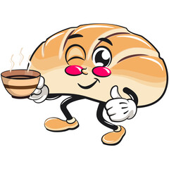 Obraz premium Cute Bread Bun Cartoon Character Vector Illustration Isolated with a cup of coffee or tea while giving a thumbs up, work of hand drawn
