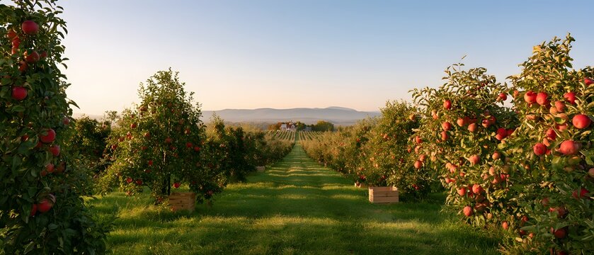 Rows of apple trees in a lush orchard during golden hour with a farmhouse in the distance