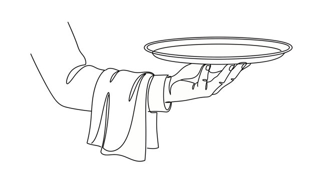 Waiter hand holding empty tray. Professional steady serving gesture. Napkin draped over arm. Minimalist continuous line art style. Fine dining hospitality service concept.