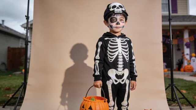 Starting sequence showing child in skeleton costume holding pumpkin bucket on front walkway, posing