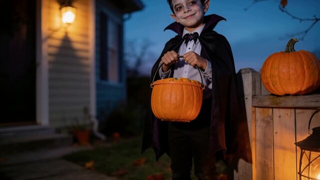 Stepping child in vampire costume stepping as camera zooming on front yard, holding pumpkin bucket