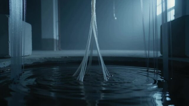 Lowering cord coiling then collapsing into strands onto dark pool in studio basin, making ripples
