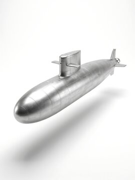 A sleek metallic submarine hovers against a clean white background in a studio setting.