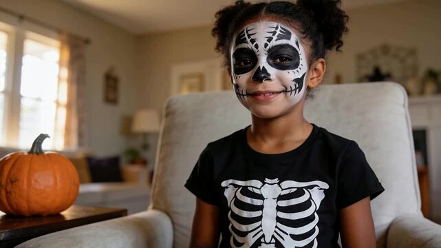 Smiling child in skeleton shirt, skull face paint reacting to camera zoom at home with pumpkin