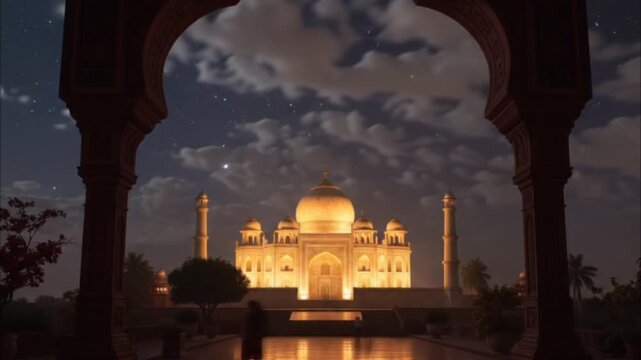 Majestic view of the Taj Mahal framed by traditional Indian architecture at sunset
