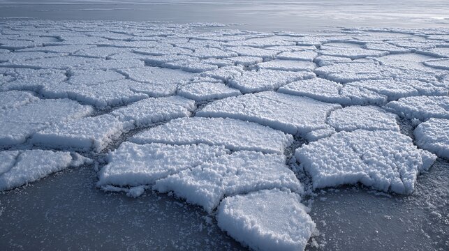 Frozen ocean surface presents fractured ice floes under soft diffused light, showcasing a stark, ethereal atmosphere, concept for climate change