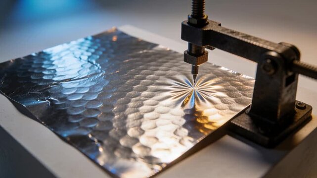Lowering clamped metal stylus forming radial ridges on hammered foil at workbench to create pattern