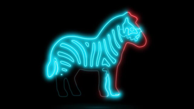 Zebra neon glowing sign featuring bright cyan and red light tubes creating vibrant luminescent textures against a dark black background.