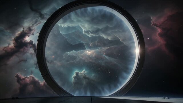 Pulsing large round gateway showing rippling nebula at station deck, rim glow activating modules