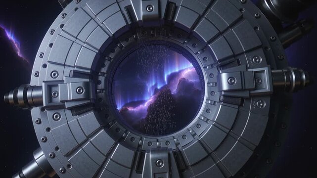 Pulling back cam revealing circular metal hatch on station, exposing purple nebula