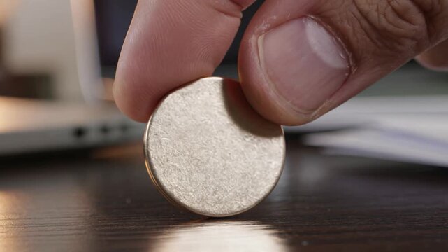 Tech investor turning a heavy plain metallic token between fingers under warm desk light.