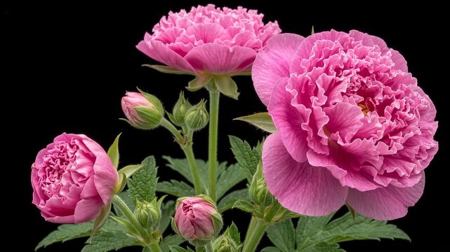 Pink peony flowers blooming in time lapse on black background