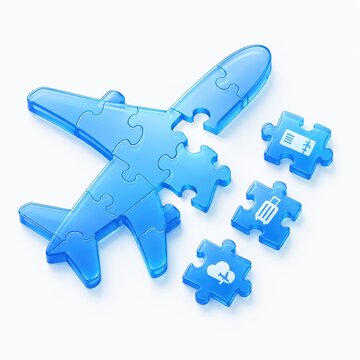 Airplane Puzzle Piece: A conceptual illustration of a blue airplane constructed from puzzle pieces, with scattered pieces depicting travel icons like luggage, boarding pass, and cloud.
