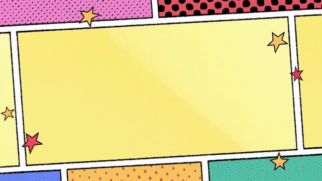 Colorful comic book panel page layout with yellow center frame and decorative stars.