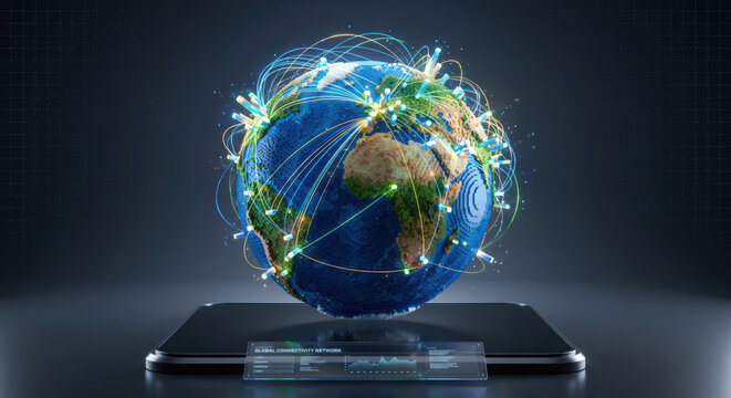 Rotating globe hologram; real-time geolocation, API, AI/ML; logistics forecasting, inventory planning.