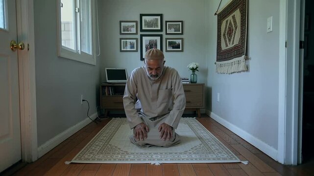 Kneeling senior man in thobe kufi praying, bowing head on prayer rug at home, with laptop