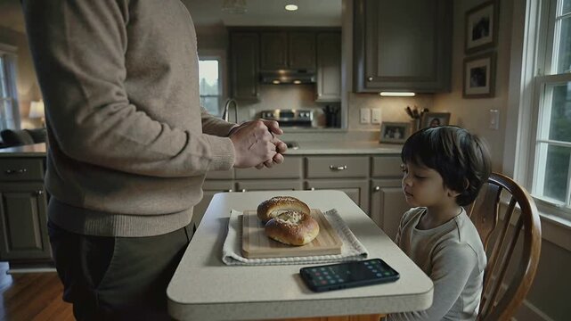 Leaning dad in beige sweater rubbing hands over braided loaf in kitchen, phone nearby, son watching