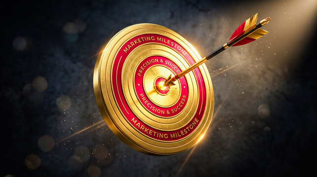 Metallic golden dartboard displaying engraved marketing milestone text floating against textured dark background with arrow perfectly piercing glowing red center bullseye