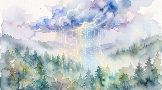 Abstract watercolor painting green pine forest mountains cloudy sky glowing binary code digital rain falling artificial intelligence nature technology concept artwork