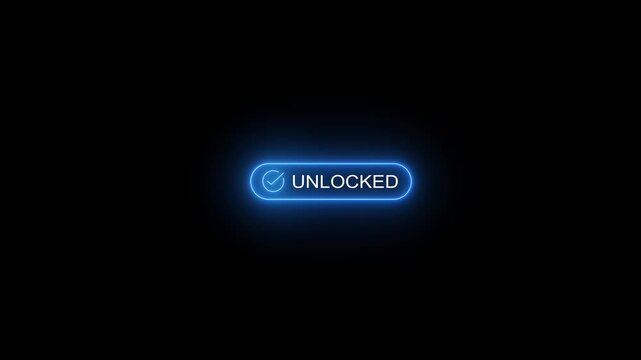 Glowing blue neon unlocked button with check mark icon on black background Motion graphics of concept.
