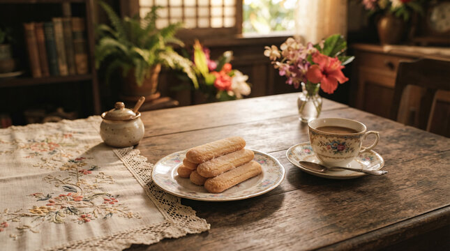 Traditional Filipino broas served with coffee on vintage floral porcelain in a nostalgic afternoon merienda setting.