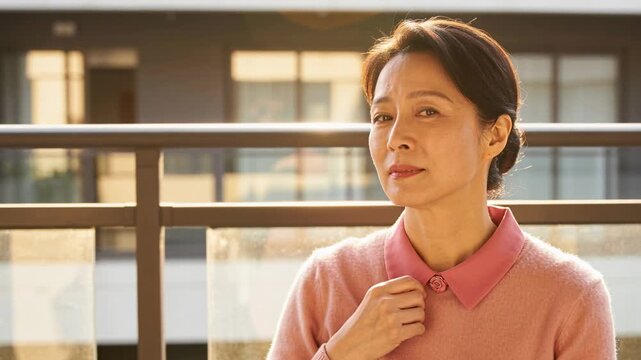 Raising hands, tucking hair, adjusting pink collar, mature Asian woman on balcony smoothing button
