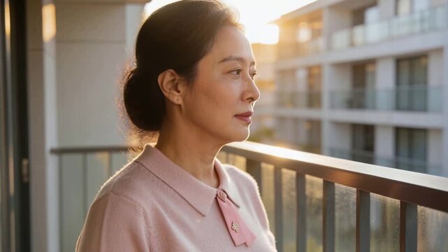 Looking toward camera, senior Asian woman tucking hair and smoothing pink sweater ribbon on balcony
