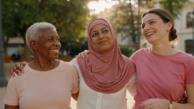 Walking three women laughing after right woman pointing at center in sunlit park, hijab wristwatch