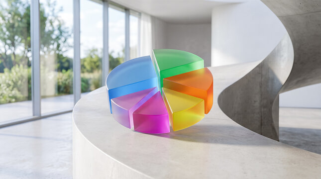 Colorful translucent glass pie chart diagram sectors resting on curved concrete balustrade parapet surface beside bright window overlooking garden trees foliage