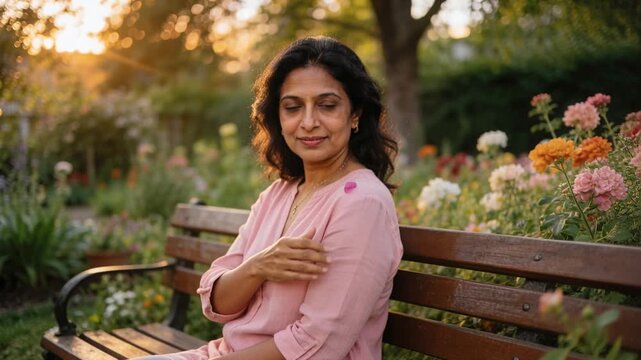 Smiling middle-aged woman wearing pink blouse on wooden bench in garden, brushing off petal landing