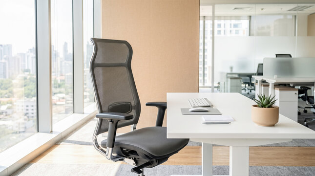 Ergonomic grey mesh office chair standing beside white desk with keyboard mouse and succulent plant inside bright modern corporate workspace interior