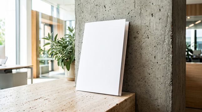 Blank white presentation folder mockup leaning upright against textured concrete pillar on travertine countertop inside modern bright office interior workplace