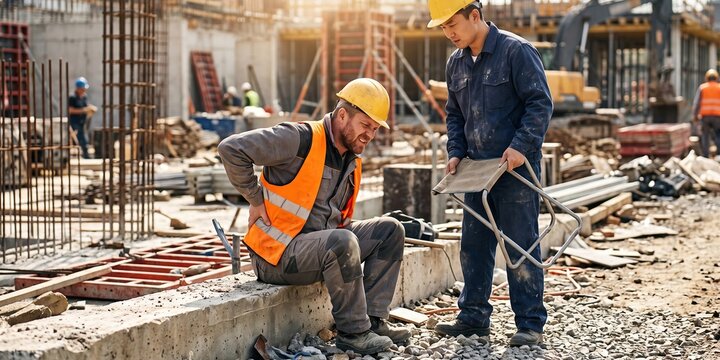 Construction worker holds injured back as coworker assists. Concept of first aid, occupational safety, workplace injury.