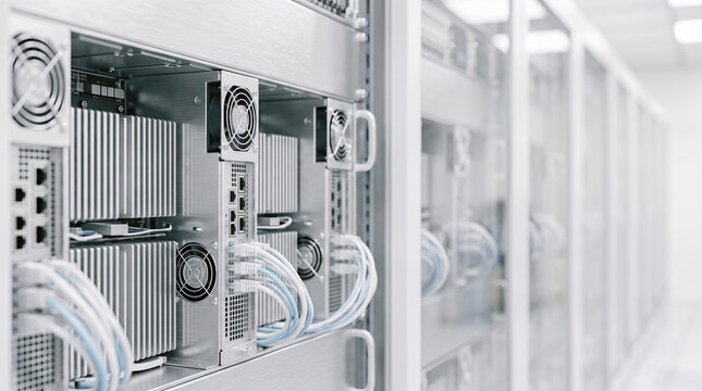 Server chassis hardware unit featuring metallic heatsinks cooling fans plugged ethernet network cables connected inside enterprise computer equipment cabinet rack