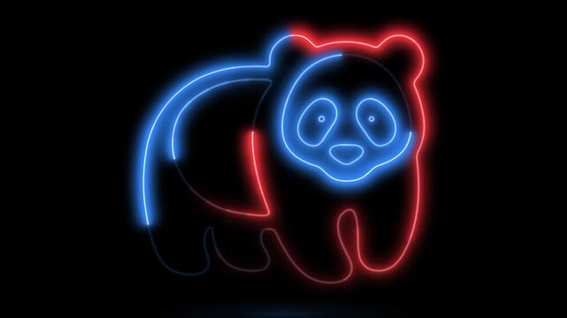 Panda bear shaped neon sign glowing with soft blue and bright red electric light lines against a stark black background for decorations.