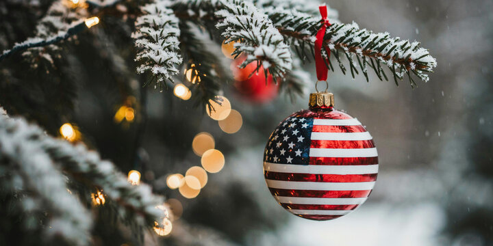 An American flag ornament hangs on a snow-covered Christmas tree, with blurred festive lights in the background.