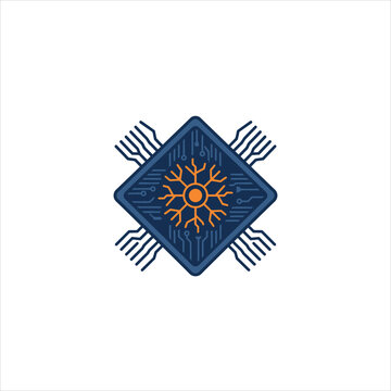 Artificial intelligence neural chip vector icon with intricate snowflake pattern circuit board design for modern computing technology
