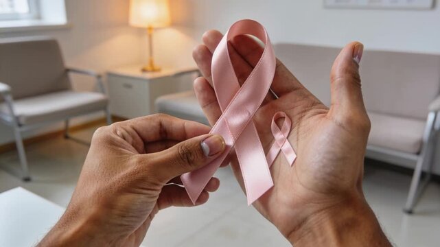 Tilting left thumb, adult hands aligning larger pink ribbon over small ribbon in lounge, comparing