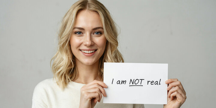 A young woman with blonde hair holds a sign that says I am NOT real and smiles at the camera