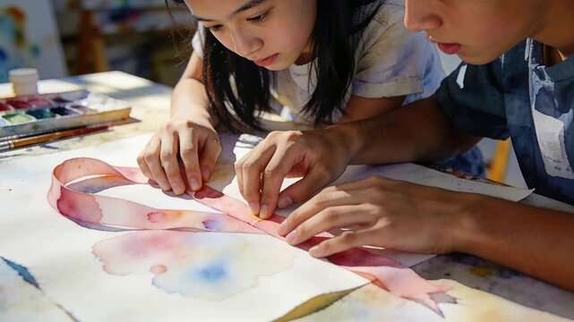 Leaning, two teens aligning painted strip for art in studio, wearing shortsleeves